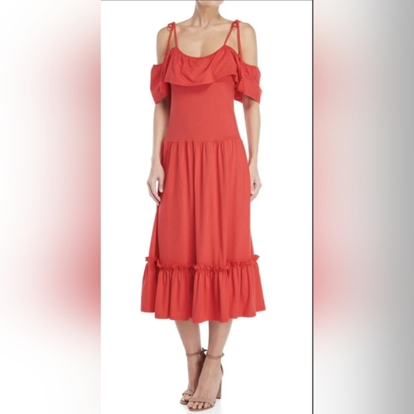 Rebecca Minkoff Mojave Red Off the Shoulder Tier Midi Summer Dress Size S - Picture 5 of 8